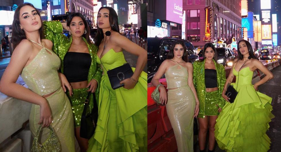 De Izqda. a Dcha.: Solange Casis, Daniela Nuñez y Valery Revello luciendo looks en tonalidades verdes durante la Semana de la Moda de Nueva York. (Fotos: IG / Renzo Cipolla).