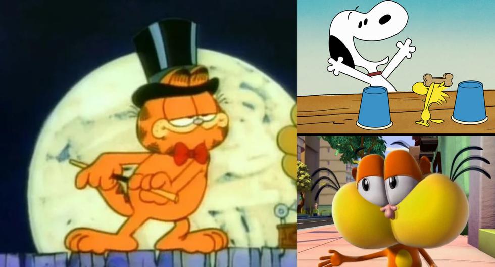 En sentido horario, capturas de "Garfield y sus amigos" (1988), "The Snoopy Show" (2021) de Apple TV+ y "Gaturro, la película" (2010).