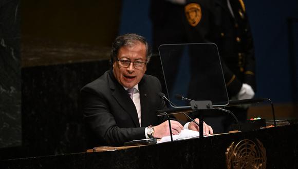 El presidente colombiano Gustavo Petro se dirige a la 78.a Asamblea General de las Naciones Unidas en la sede de la ONU en la ciudad de Nueva York el 19 de septiembre de 2023. (Foto de Ed JONES / AFP)