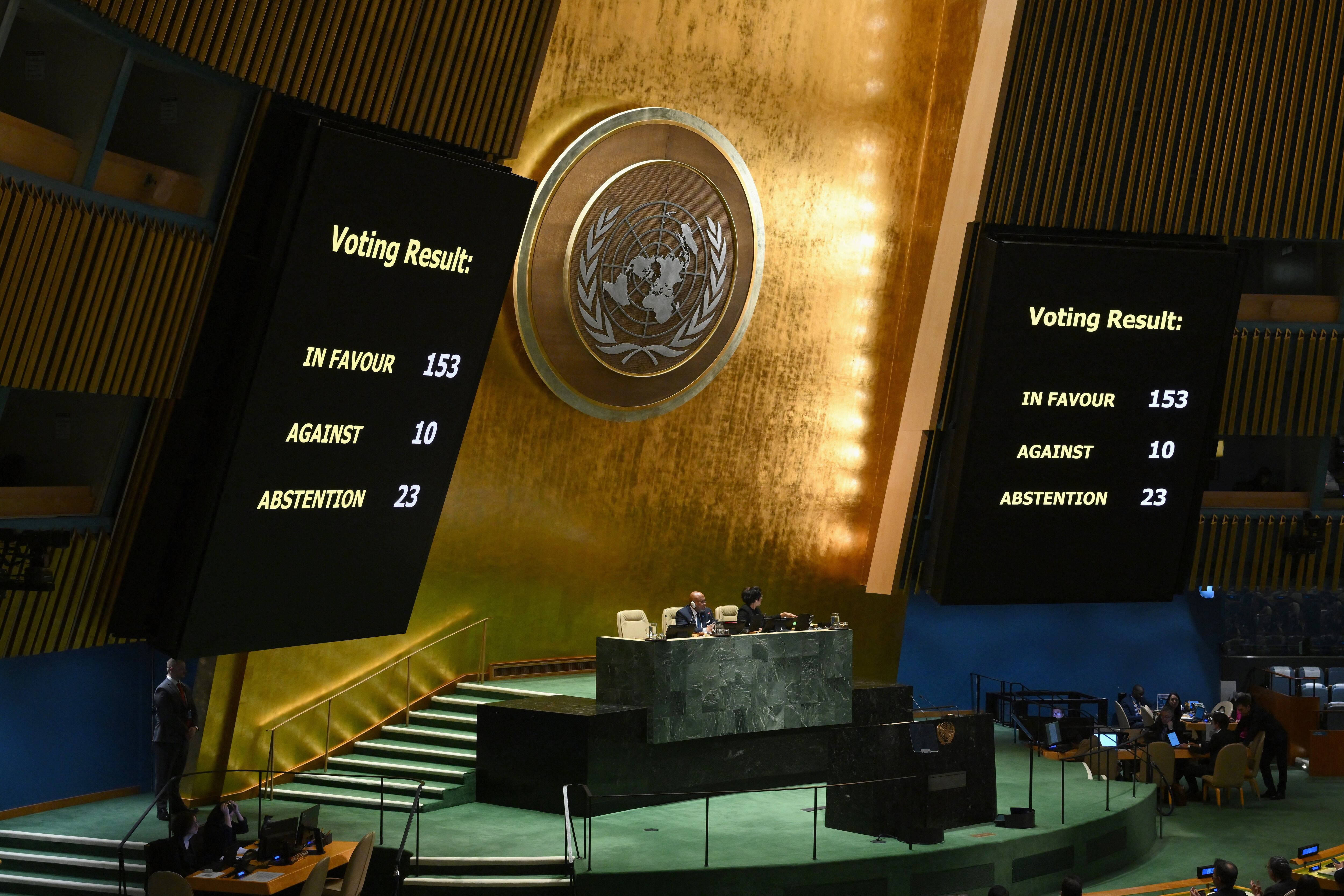 The results of voting during a United Nations General Assembly meeting for a ceasefire in Gaza.  (Photo by ANGELA WEISS/AFP).