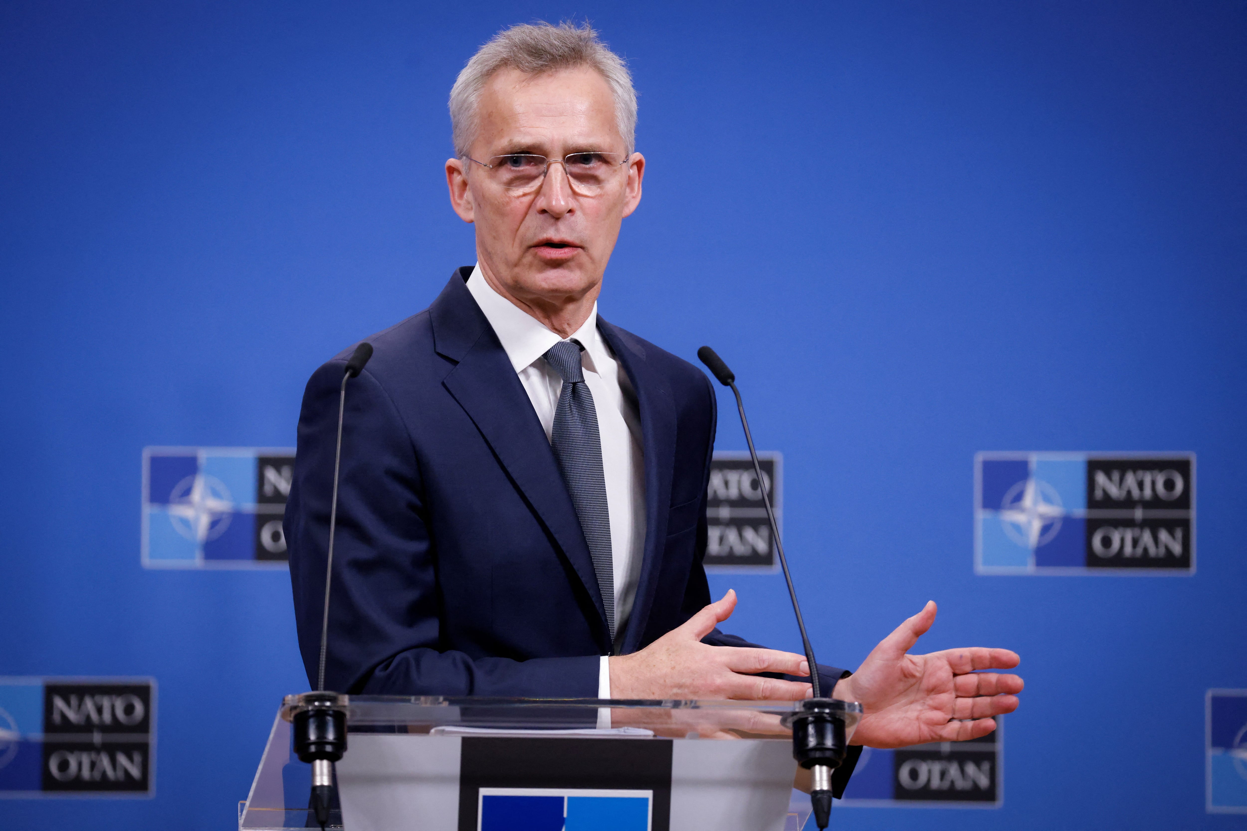 NATO Secretary General Jens Stoltenberg holds a press conference at the Alliance's headquarters in Brussels on April 10, 2024. (Photo by Kenzo TRIBOUILLARD / AFP).