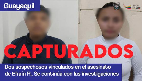 La Policía colgó dos fotografías de los detenidos para investigaciones con los rostros difuminados, como establecen las leyes en Ecuador. (Foto: @PoliciaEcuador).