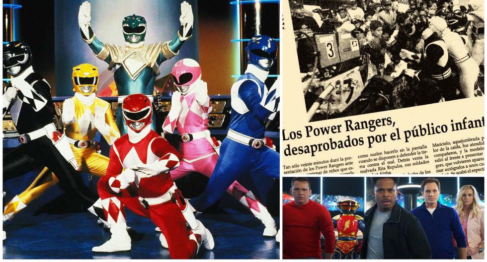A la izquierda, imagen promocional de la serie "Power Rangers" (1993-1995). A la derecha, de arriba hacia abajo, el reporte de El Comercio en 1996 sobre la llegada de los personajes al Perú y una foto de la reunión de los personajes este 2023.