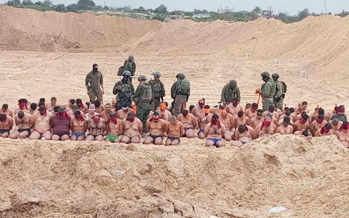 Palestinians naked after being arrested by Israeli forces in Gaza.
