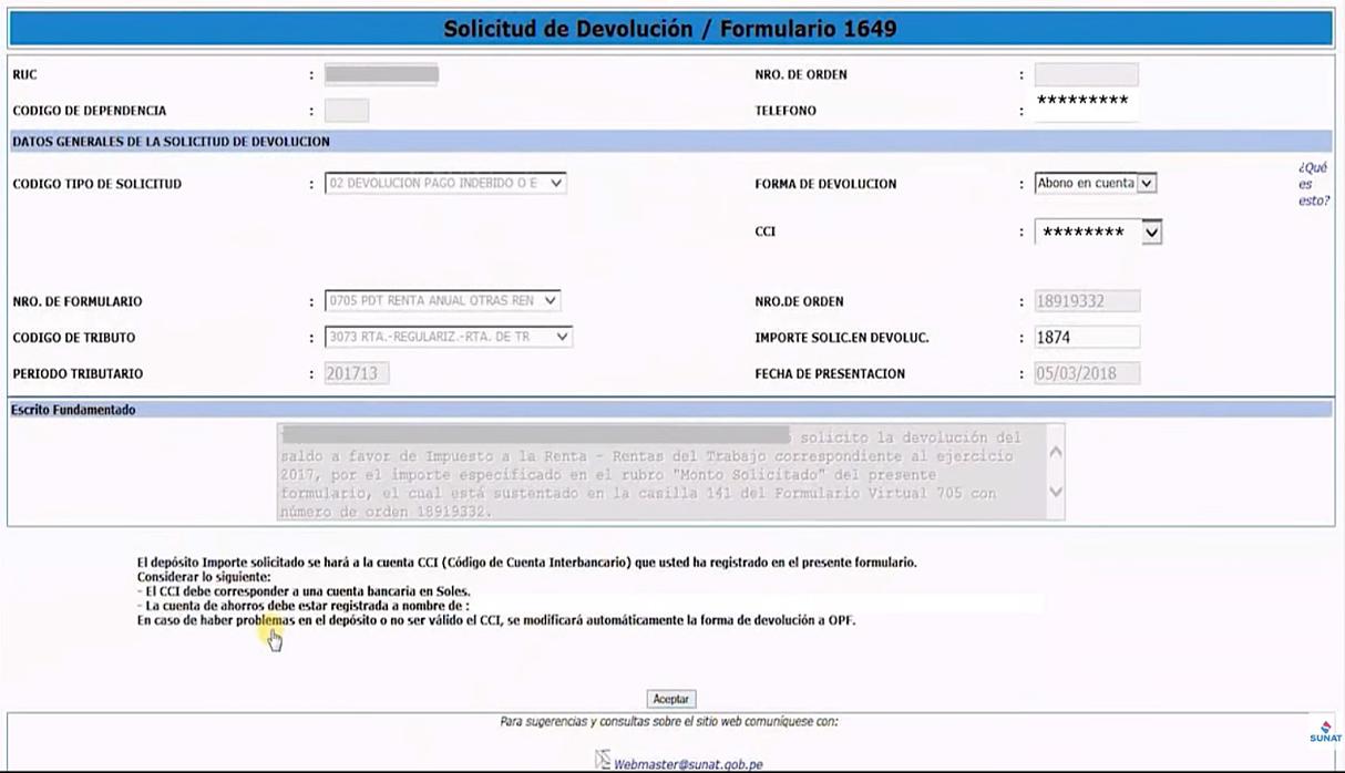Si usted desea solicitar la devolución de los saldos a su favor en línea, debe presionar la opción si y dar click en "Solicitud de Devolución - Rentas de Trabajo". Se abrirá una ventana, allí deberá colocar su número de teléfono y elegir la forma de devolución. Si usted desea que la Sunat le haga un depósito, deberá ingresar su código de cuenta interbancario (CCI). Luego hará click en aceptar y obtendrá la constancia de solicitud de devolución, que puede enviar a su correo o imprimir. Recuerde conservar dicho documento para un eventual reclamo ante Sunat. (Foto: Sunat)