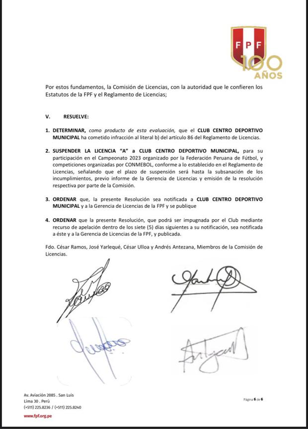 Resolución sobre Deportivo Municipal.