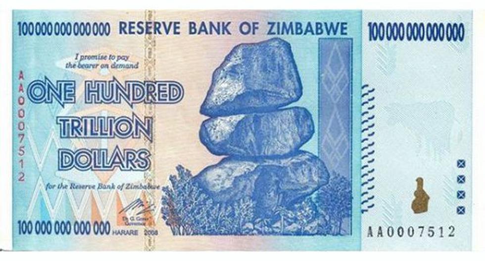 Billete de 100 billones de dólares de Zimbabwe. (Foto: El País)