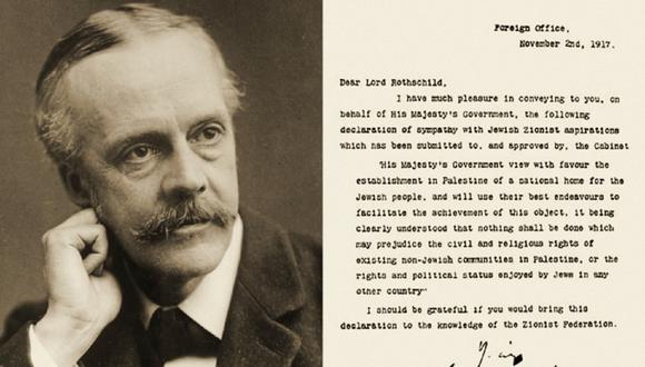 El ministro de Asuntos Exteriores británico, Arthur James Balfour, y la Declaración de Balfour (Foto de Zionist Archives)
