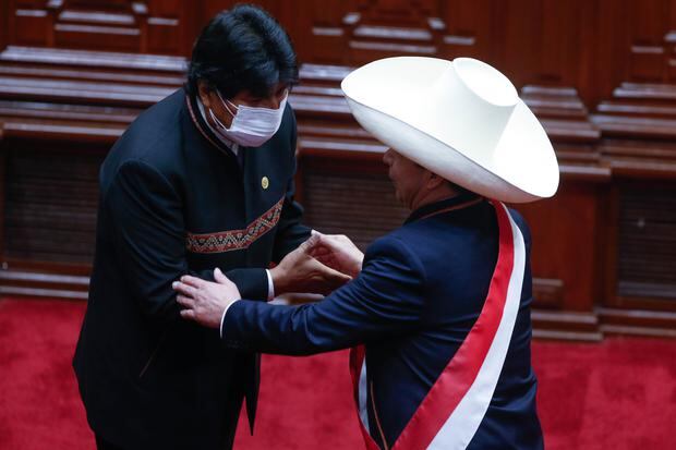 Evo Morales and Pedro Castillo during the inauguration ceremony.  (Presidency)