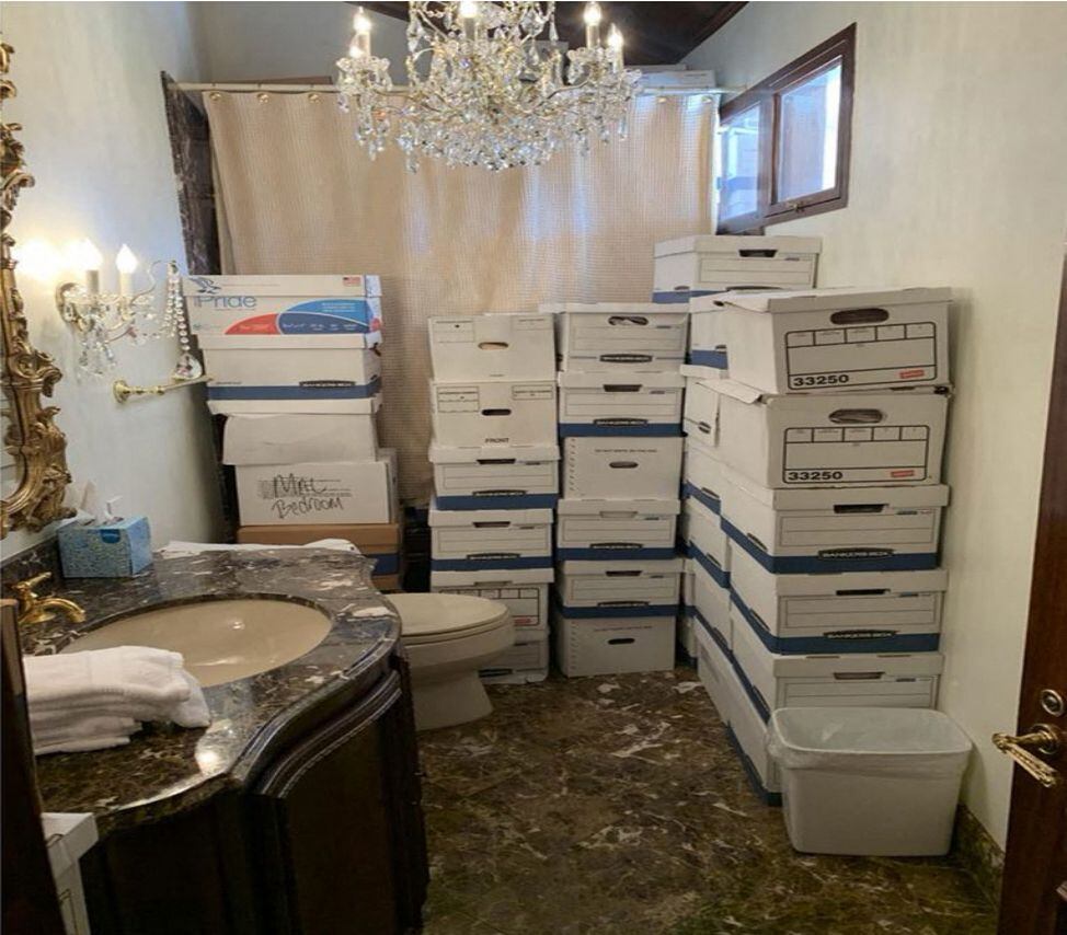 Boxes with documents in a bathroom and shower at Mar-a-Lago, the former president's private club.  (AFP).