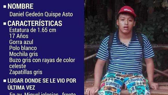 Daniel Gedeón Quispe Asto desapareció cuando se dirigía a la avenida Miguel Iglesias. (Twitter)
