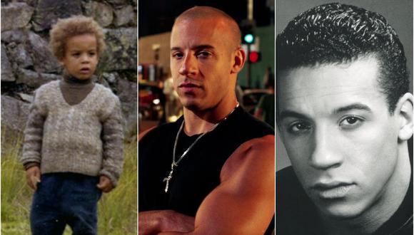 En el extremo izquierdo: Vin Diesel, de niño, en el Perú. Al extremo derecho: el actor en su adolescencia.  Y al medio, experimentando el éxito de "Rápidos y furiosos".