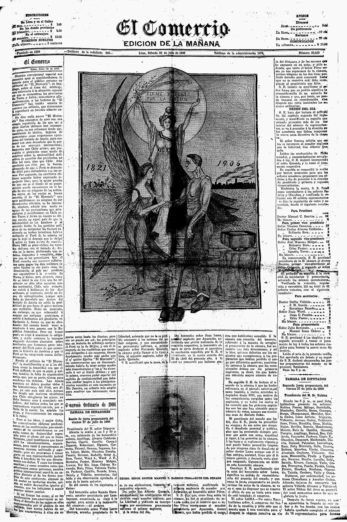 Portada del 28 de julio de 1906, con seguridad una de las páginas que el joven de talleres de El Comercio, Juan Campos Mirelli, armó con su linotipo. (Foto-portada: GEC Archivo Histórico)