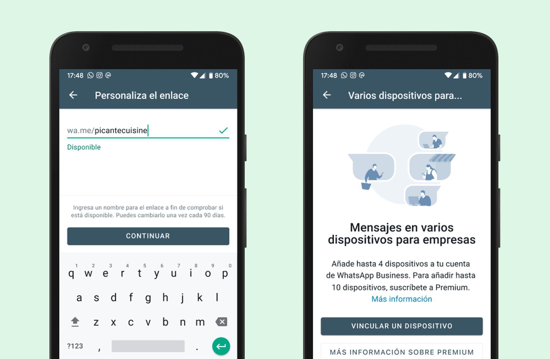 Una de las novedades que traerá en los próximos meses la versión Premium de WhatsApp Business es la posibilidad de personalizar las URL. También permitirá tener hasta 10 dispositivos vinculados a una misma cuenta. (Foto: Meta)