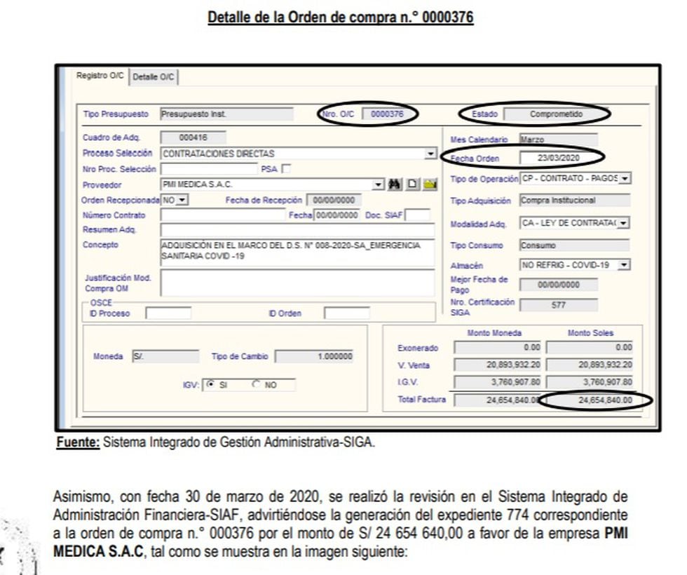 La orden de compra de más de un millón de mascarillas por S/24'654,640.00. 