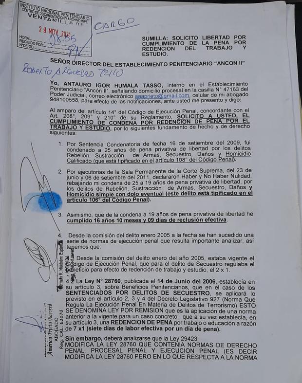 Documento entregado por la abogada de Antauro Humala para obtener su libertad. (Foto: GEC)