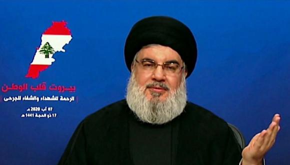 El líder del movimiento libanés Hezbolá, Hasán Nasralá, realizó una alocución televisada para pronunciarse respecto a las explosiones del martes en Beirut, Líbano (Foto: AFP)