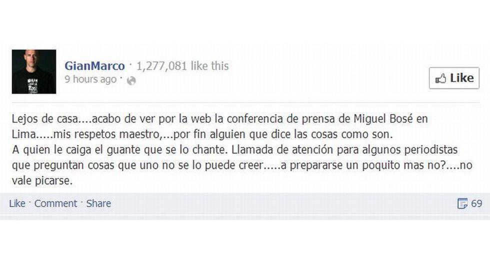 Gian Marco aprovechó también para criticar a los periodistas peruanos. (Foto: facebook.com/GianMarco)
