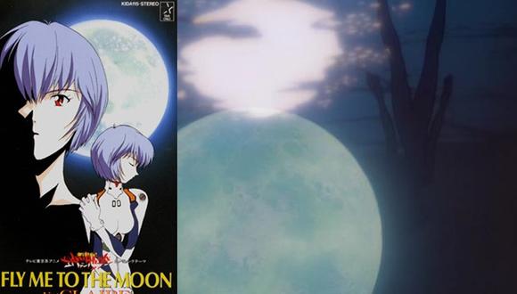 Izquierda: Portada del single de "Fly Me To The Moon" utilizado en "Evangelion". Derecha: Captura de la imagen utilizada durante la canción en cada episodio. Fotos: Star Child/ Gainax.