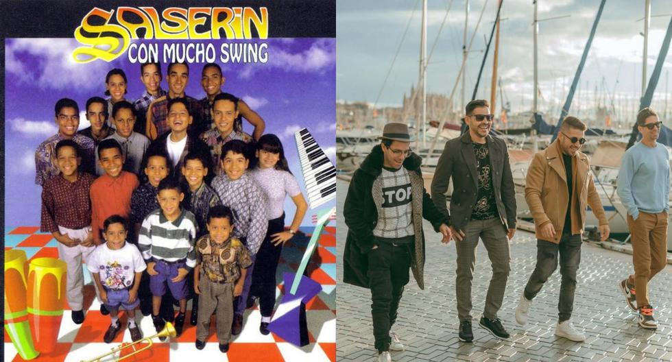 A la izquierda, portada del primer álbum de Salserín (1996). A la derecha, cuatro de quienes fueron miembros de la agrupación y que llegan a Lima como "X-Salserín".