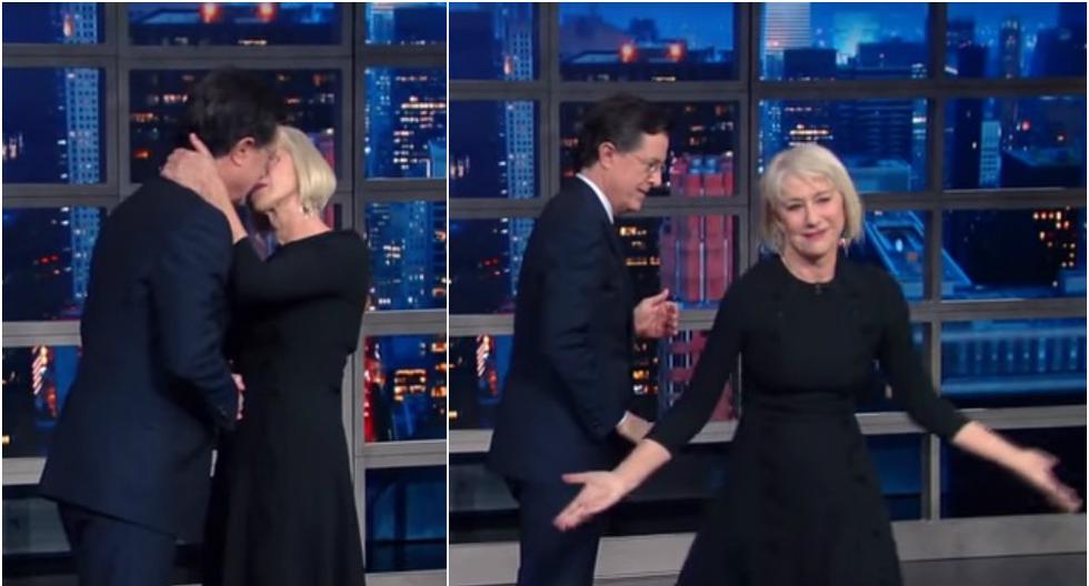 Helen Mirren sorprendió al presentador Stephen Colbert con beso en la boca y éste se quedó sin palabras. (Foto: Captura Video)