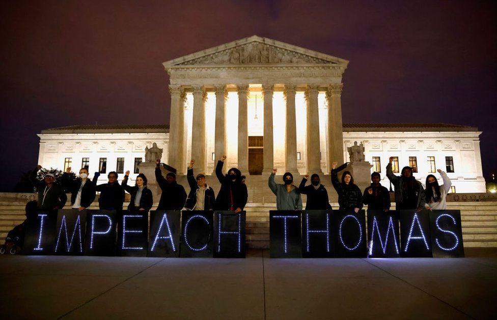 Activists call for the impeachment of US Supreme Court Justice Clarence Thomas outside the Capitol building on March 30, 2022. (GETTY IMAGES)