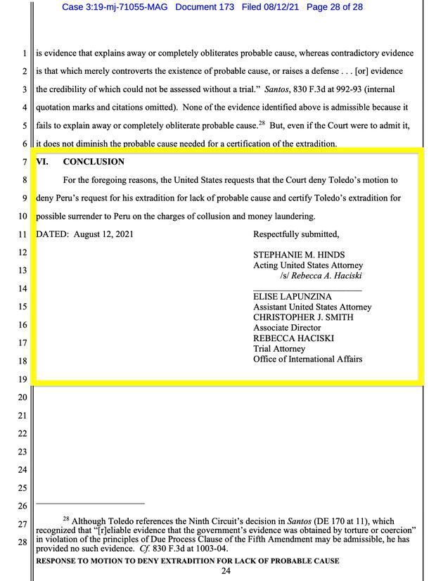 Fiscal Federal de Estados Unidos, Elise Lapunzine, pide que se ratifique la extradición de Alejandro Toledo para que sea juzgado por los delitos de colusión y lavado de activos.