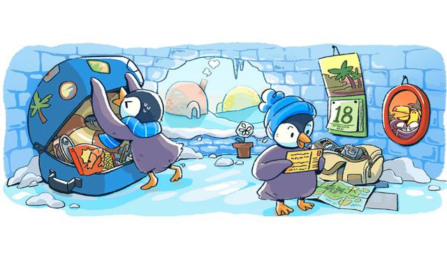 Foto 2 | En la serie de doodles por las celebraciones de Navidad y Año Nuevo, los pingüinos son invitados a pasar las fiestas con sus familiares de clima tropical.
