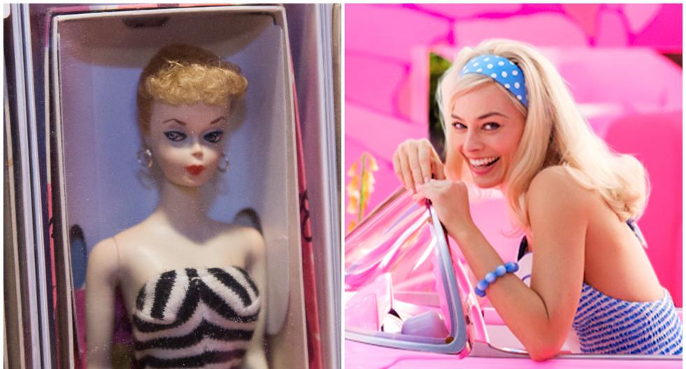 Izquierda: La primera versión de la muñeca Barbie. Derecha: La actriz Margot Robbie en la primera imagen de la película "Barbie". (Foto: AFP/Warner Bros)