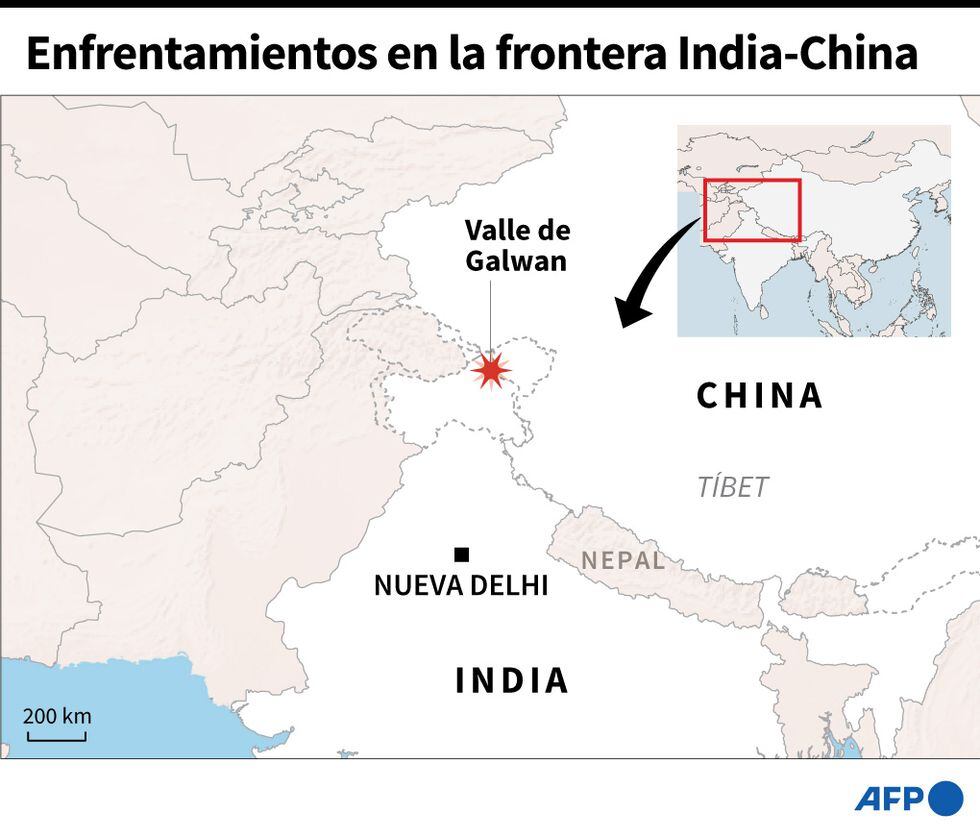 Mapa localizando el valle de Galwan, en la frontera entre India y China, en donde se reportaron enfrentamientos entre soldados de ambos países el martes. (AFP).