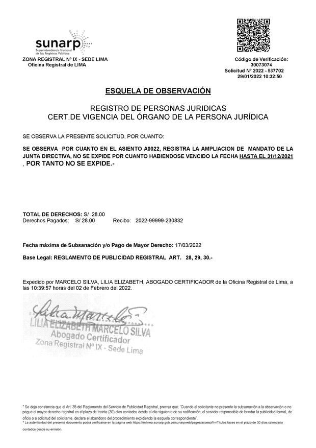 SUNARP obituary addressed to the Peruvian Football Federation at the beginning of February.