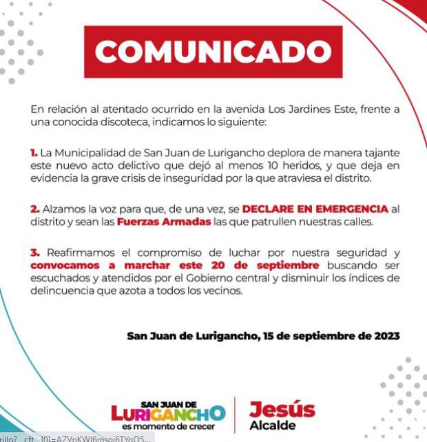 El comunicado de la Municipalidad de San Juan de Lurigancho | Facebook