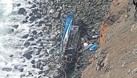 Los restos del ómnibus siniestrado el 2 de enero continúan en el precipicio. (Dante Piaggio / El Comercio)