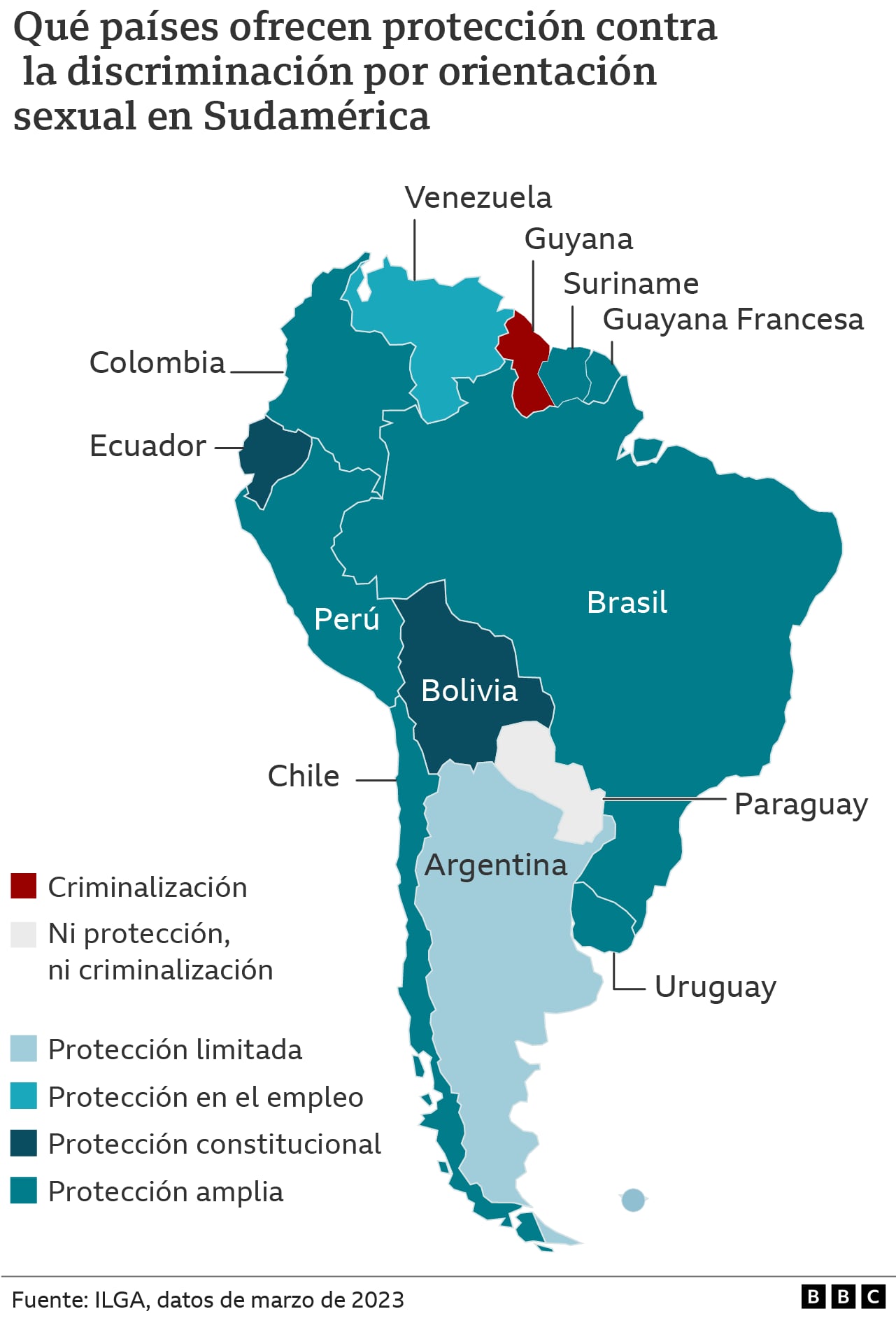 Map of the situation of homosexual people in South America.