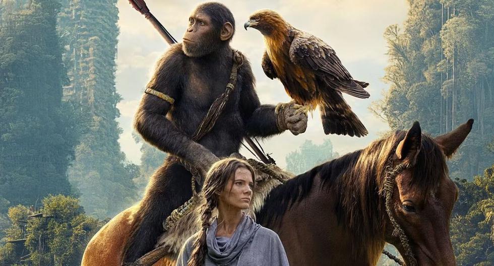 Owen Teague, como el joven simio Noa, y Freya Allen como la humana Mae, protagonizan "El planeta de los simios: nuevo reino". (20th Century Studios)