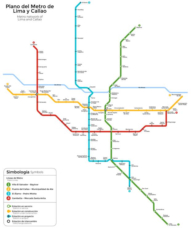 Plano con todas las rutas que incluirá el sistema de Líneas de Metro de Lima y Callao. Foto: MTC