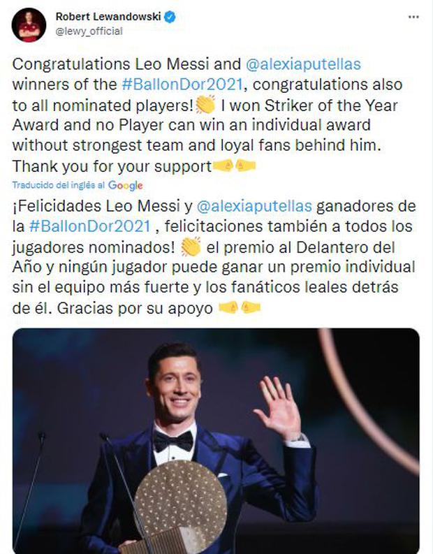 La felicitación de Lewandowski a Lionel Messi.