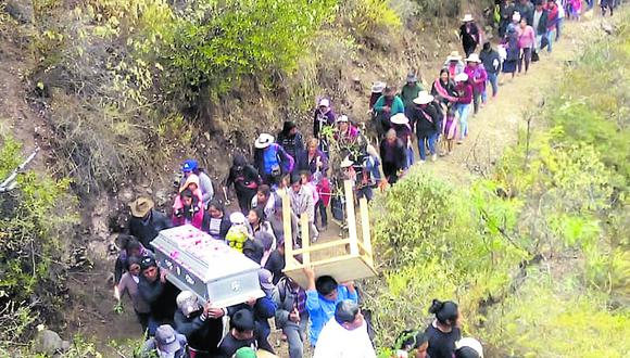 Lunes 6 de agosto, pasado el mediodía. Familiares, vecinos y amigos llevan el féretro con los restos de Víctor Cucho Atucsa al cementerio de San José de Ushua. Horas después, la mayoría se intoxicó. (Foto: Cortesía)