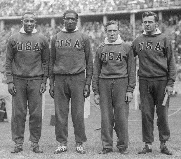 From left to right, the 1936 Berlin Olympic champions: Jesse Owens, Ralph Metcalfe, Foy Draper and Frank Wykoff.  WIKIMEDIA