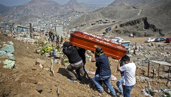 Familiares llevan el ataúd de una víctima de coronavirus COVID-19 en el cementerio de Nueva Esperanza, uno de los más grandes de América Latina, en las afueras del sur de Lima, Perú. (Foto de Ernesto BENAVIDES / AFP).