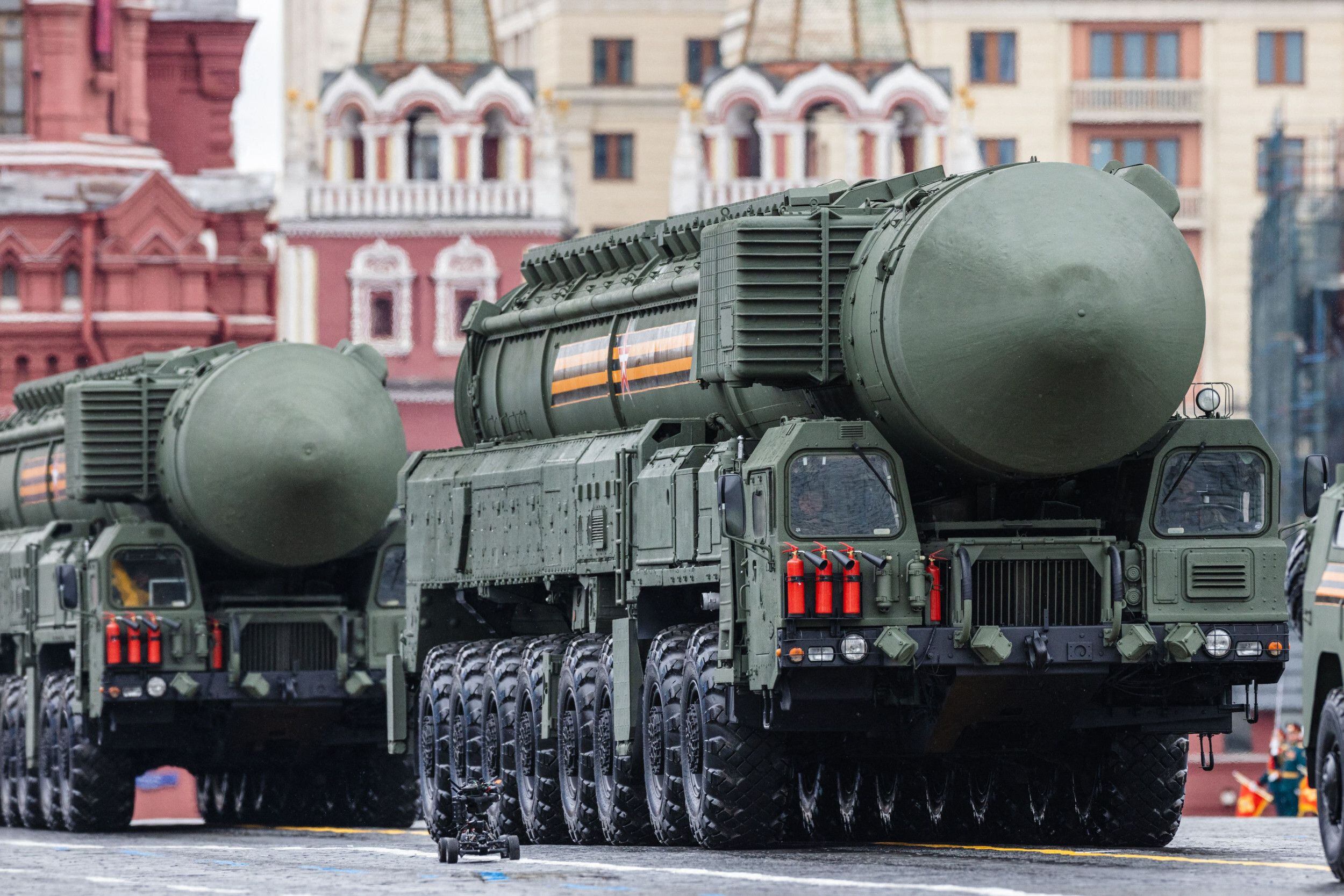 Russian Yars RS-24 ICBM systems pass through Red Square during the Victory Day military parade in Moscow on May 9, 2021. (DIMITAR DILKOFF/AFP/GETTY IMAGES).