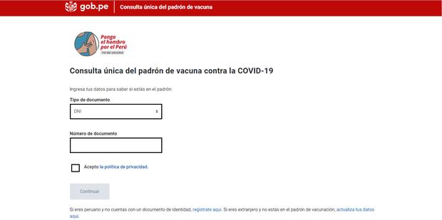 La consulta en la plataforma Pongo el Hombro se hace con el número de documento de identidad. (Imagen: Minsa)