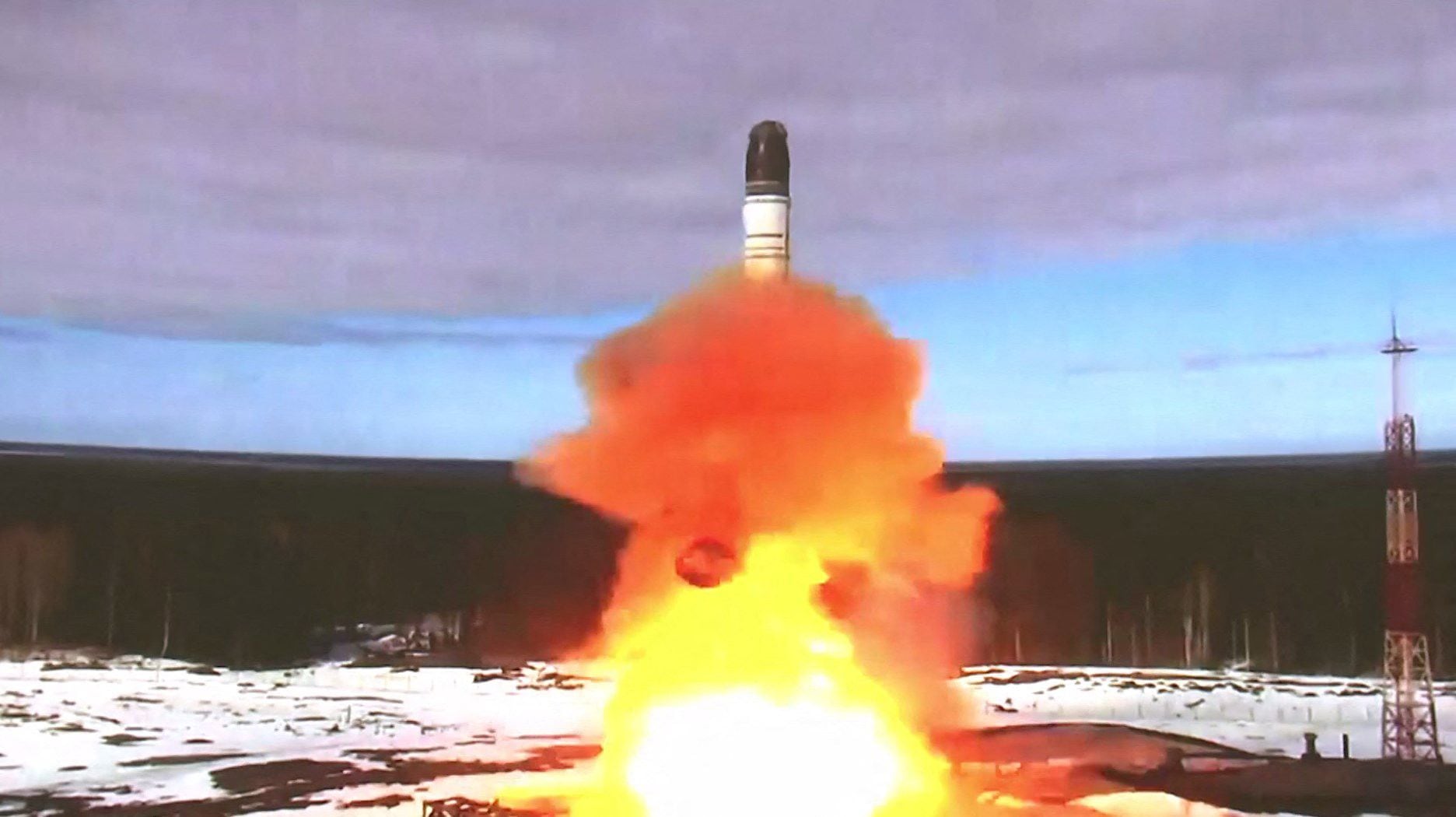 This capture taken from Russian Ministry of Defense video on April 20, 2022 shows the launch of the Sarmat ICBM at the Plesetsk test range in Russia.  (AFP).