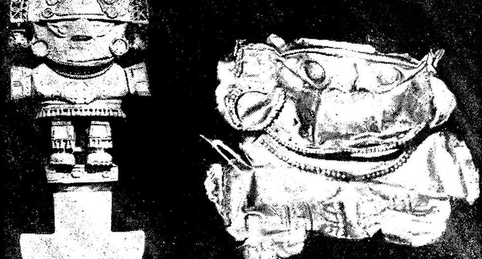 Esta es una foto dolorosa: muestra el Tumi de Oro intacto, que se apreciaba en el museo de Pueblo Libre, y al lado, la triste imagen de un tumi abollado, casi destruido por cinceles y combas delincuenciales. (Foto: GEC Archivo Histórico)