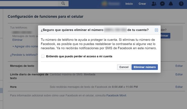 Este es el mensaje que aparecerá en tu red social para confirmar si deseas eliminar tu número. (Foto: Facebook)