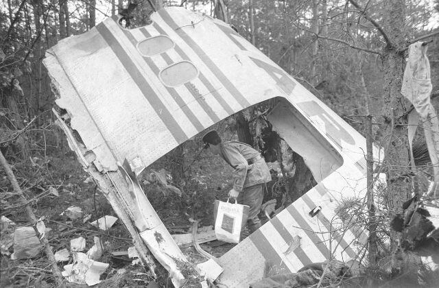 A photo dated March 3, 1974 of the wreckage of the crash of the DC10 Turkish Airlines plane in the forest of Ermenonville, near Paris.  Three hundred and fifty people died in the accident.  (Photo by STF / AFP FILES / AFP)