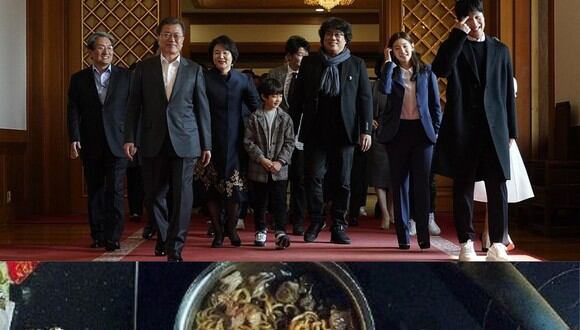 Bong Joon-Ho y 20 miembros del elenco llegaron para almorzar con Moon Jae-in y se dieron con la sorpresa que iba a servir ‘chapaguri’, el platillo que se hizo más famoso con la película. (Foto: AFP / Twitter)
