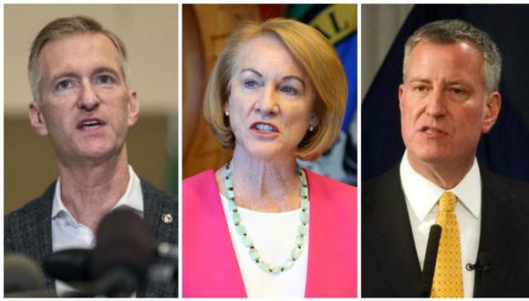 Los alcaldes Ted Wheeler (Portland), Jenny Durkan (Seattle) y Bill de Blasio (Nueva York) se han enfrentado a Donald Trump. (Fotos: AFP / AFP / Reuters)