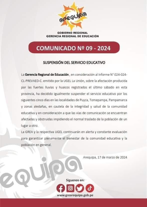 Suspenden clases en la provincia de La Unión (Arequipa)