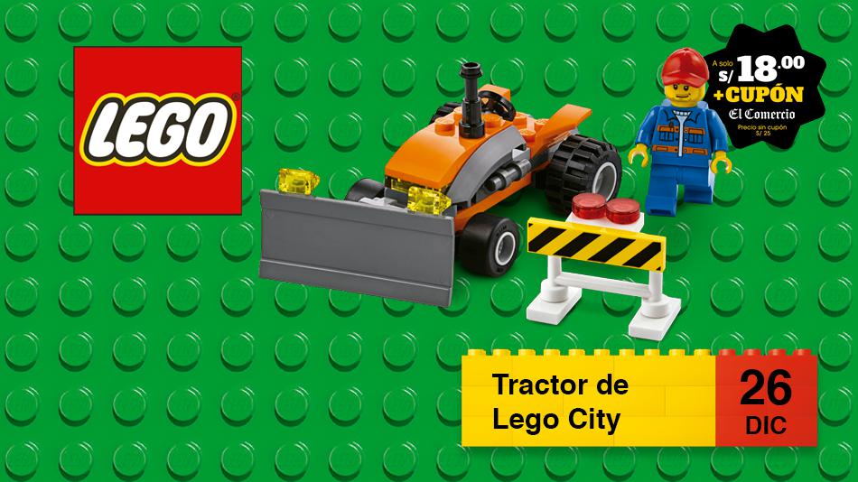 Construye un tractor, coloca la valla de seguridad y conduce el vehículo con su piloto en la ciudad de Lego.